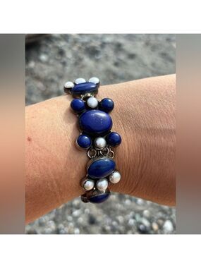VINTAGE Large Lapis Lazuli Genuine Pearl Sterling Silver 925 Art Deco Bracelet